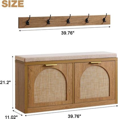 Rattan Narrow Entryway Bench with Shoe Storage, 2 Flip Drawers & Coat Rack, Mid-Century Modern Wood Shoe Cabinet with Seat Cushion for Foyer/Hallway (Rustic Oak Rattan)