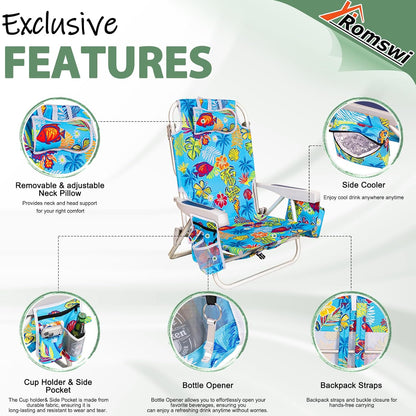 2Pk Aluminum Extra Wide 5-Position Lay Flat Folding Backpack Beach Chairs for Adults, with Cooler Bag, Cup&Phone Holder, Towel Bar for Outdoor Lawn Picnic Sport, Portable Camping Chairs,Tropical Print