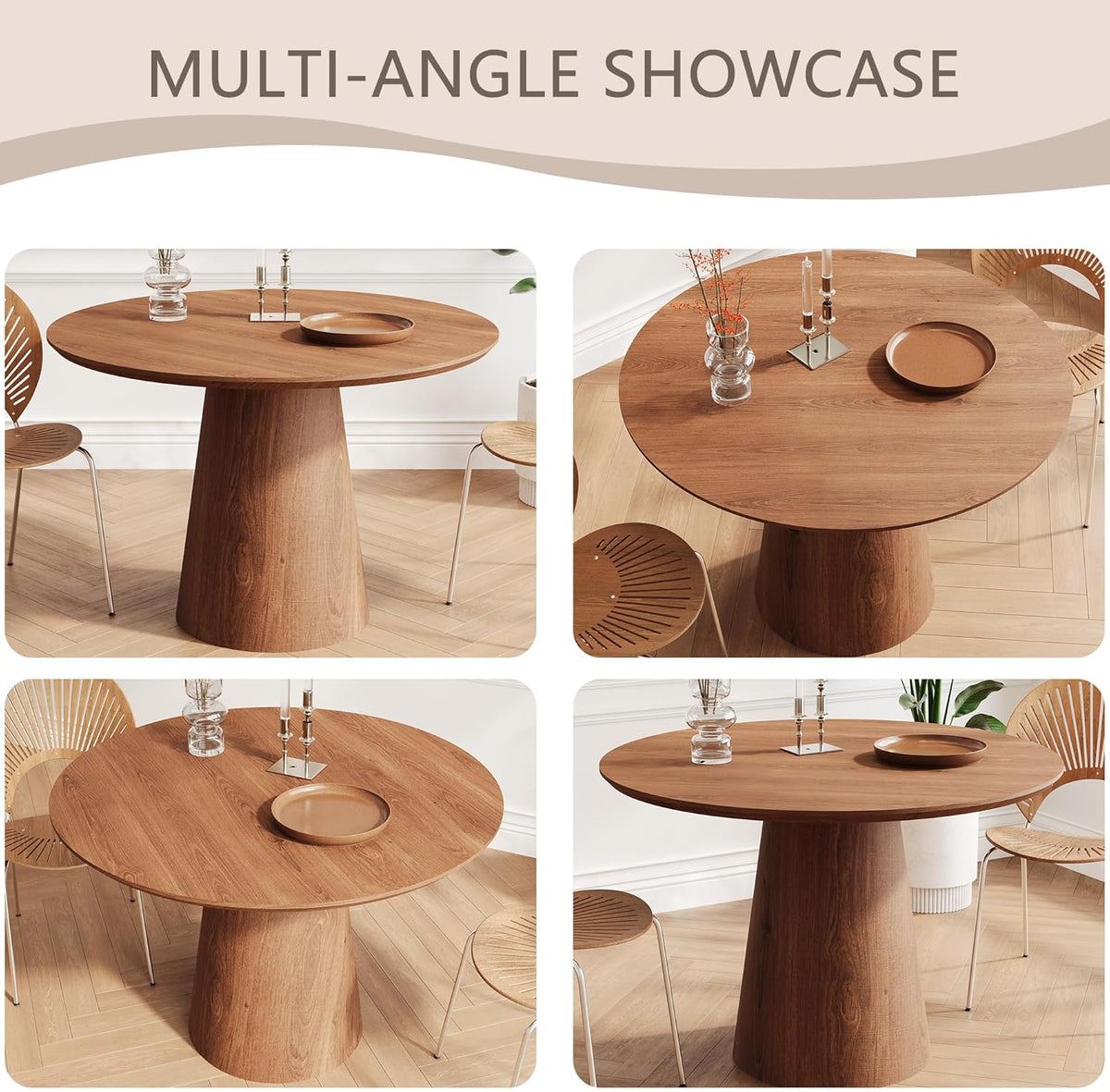 43" Round Dining Table Modern for 4, Natural Wood Grain Circle Kitchen Table with Cone Wood Pedestal Base, Mid Century Circular Dining Table for Living Room, Walnut