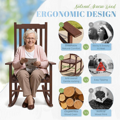 Flamaker Acacia Wood Outdoor Rocking Chairs Set of 2 (Brown) | High Back and Widen Armrest Rocking Chair Outdoor, Solid Rocking Chairs for Lawn, Garden, Backyard