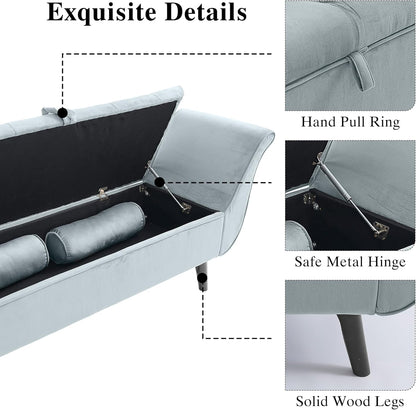 65" Velvet Storage Bench, 65" Vintage Upholstered Rolled Armed Button Tufted Stool Bench for Bedroom, Living Room, Entryway, Hallway, Dressing Room (Light Grey)