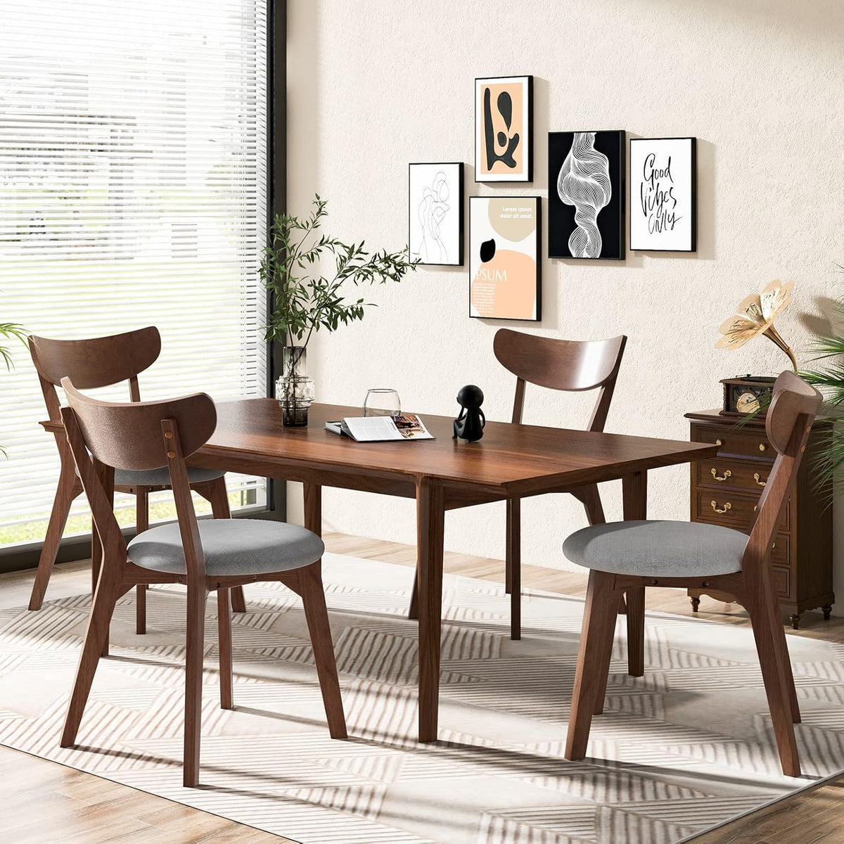 KOTEK Dining Chairs Set of 4, Mid Century Modern Kitchen Chairs with Rubber Wood Legs, Cushioned Seat, Curved Backrest, Wooden Side Chairs for Dining Room, Living Room