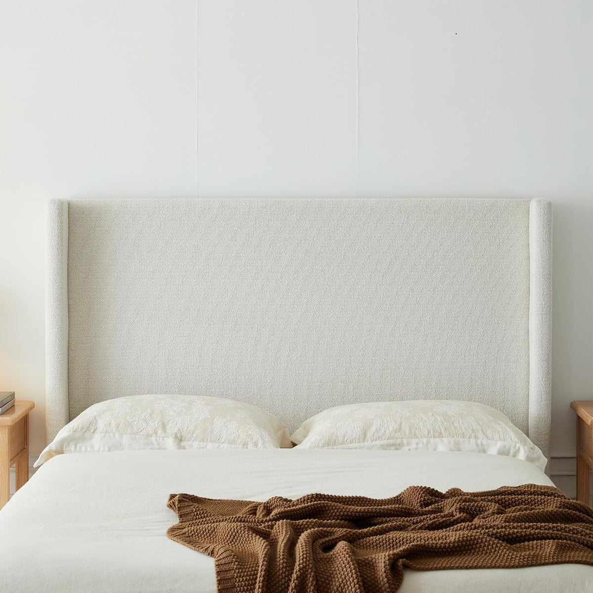 53" Majestic Wingback Bed Frame Queen - Premium Cream White Boucle Upholstered Platform Bed with Gray Oak Wood Base, 1000lbs Heavy Duty, No Box Spring Required（Queen U.S. Standard