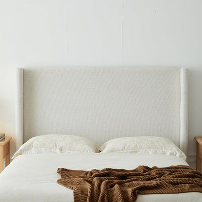 53" Majestic Wingback Bed Frame Queen - Premium Cream White Boucle Upholstered Platform Bed with Gray Oak Wood Base, 1000lbs Heavy Duty, No Box Spring Required（Queen U.S. Standard