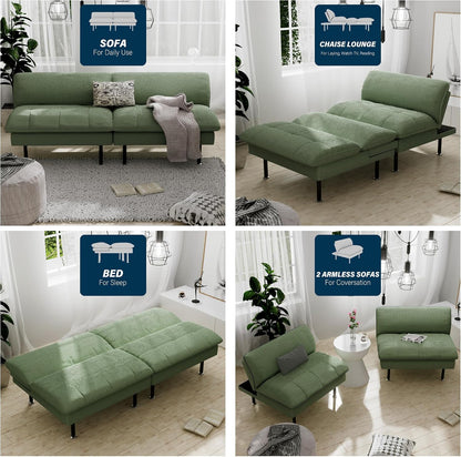 Ribilake 2 Sets 70" Futon Sofa Bed, 4 in 1 Multi-Function Couch Sleeper with Adjustable Backrest, Modern Convertible Futon, Recliner Small Loveseat for Living Room, Green