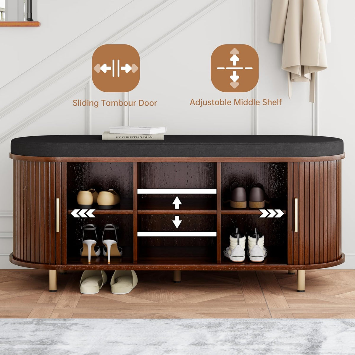 DHH 2-Tier Storage Bench,Wide Shoe Bench with Thickened Padded Seat Cushion, Mid Century Modern Fluted Sliding Door and Adjustable Shelf, for Entryway, Living Room, Bedroom (Walnut, 43.3“)