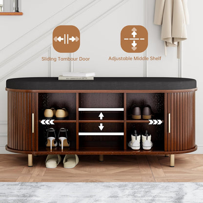 DHH 2-Tier Storage Bench,Wide Shoe Bench with Thickened Padded Seat Cushion, Mid Century Modern Fluted Sliding Door and Adjustable Shelf, for Entryway, Living Room, Bedroom (Walnut, 43.3“)