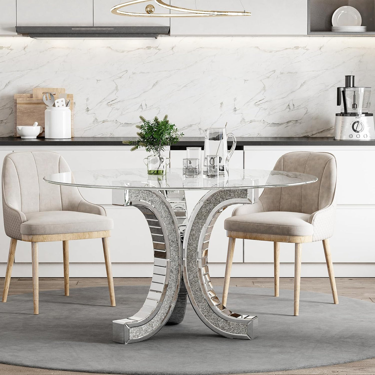 52" Round Glass Pedestal Dining Table with Tempered Glass Top, Mirrored Base with Crushed Diamonds, Modern Centerpiece