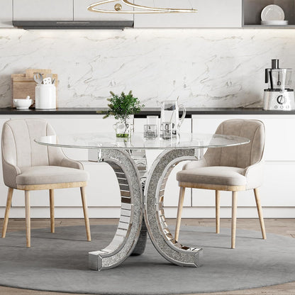 52" Round Glass Pedestal Dining Table with Tempered Glass Top, Mirrored Base with Crushed Diamonds, Modern Centerpiece