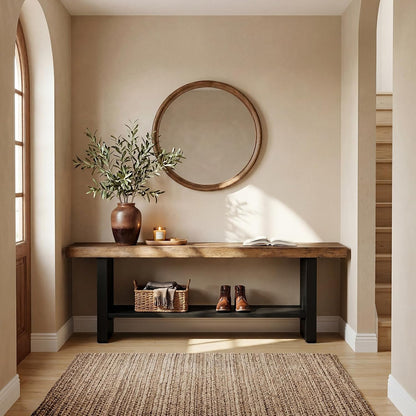 55" Solid Wood Bench with Shoe Storage, 2-Tier Farmhouse Entryway Bench, Narrow Rustic Brown Bench for Bedroom, Hallway