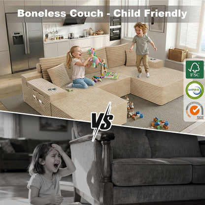 KCGKCG 106" Cloud Modular Sectional Couch with Ottoman, Modern U Shaped Corduroy Sofa, Higher 17.7" Seat Height, 32D Pure Foam, Built in Cup Holders, No Assembly Living Room(Camel, Left Facing Chaise)