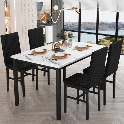 Recaceik Dining Table Set for 4, Faux Marble Kitchen Table and Chairs Set of 4, Modern Dining Room Table with Velvet Dinner Chairs, Small Dining Set for Breakfast Nook Small Spaces, White & Black