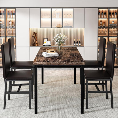 Recaceik 5-Piece Dining Table Set for 4, Faux Marble Kitchen Table Chairs Set of 4, Kitchen Table Set with 4 Upholstered PU Leather Chairs for Dining Room, Living Room, Apartment, Small Spaces, Brown