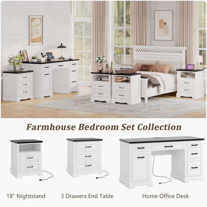 18" Farmhouse Nightstand Set of 2 with Charging Station, White End Table with 2 Drawers Storage, Wood Night Stand Side Table, Modern Bedside Cabinet for Bedroom Living Room, Dresser for Small Place