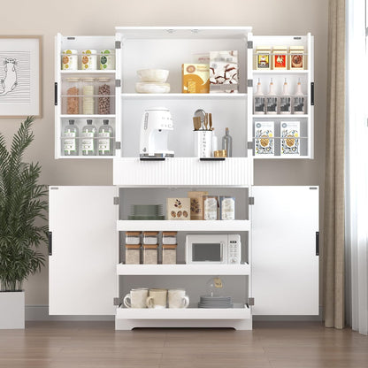 Tall Freestanding Pantry with Grooved Doors – MDF Storage Unit with 3 Pull-Out Drawers and 6 Spice Racks for Kitchen, Entryway, or Dining Room (White)