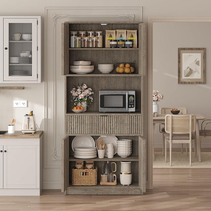 IDEALHOUSE Tall Storage Cabinet, 70" Kitchen Pantry Cabinet with Doors, Fluted Kitchen Hutch Cupboard with Microwave Shelf & Drawer, Freestanding Cupboard for Dining Room, Living Room, Gray