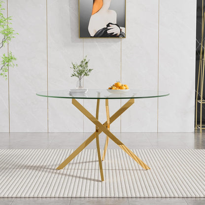 47.24" Round Dining Table for 6 8, Modern Clear Glass Kitchen Table for 6 with Gold X Metal Legs, Contemporary Circle Dining Room Leisure Tables for Kitchen Apartment