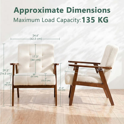 Furniliving Mid Century Modern Accent Chair, Wood Frame Upholstered Arm Chair with Waist Support, Button Tufted High Back Reading Armchair, Waiting Room Chairs for Bedroom Sunroom, Sherpa, White