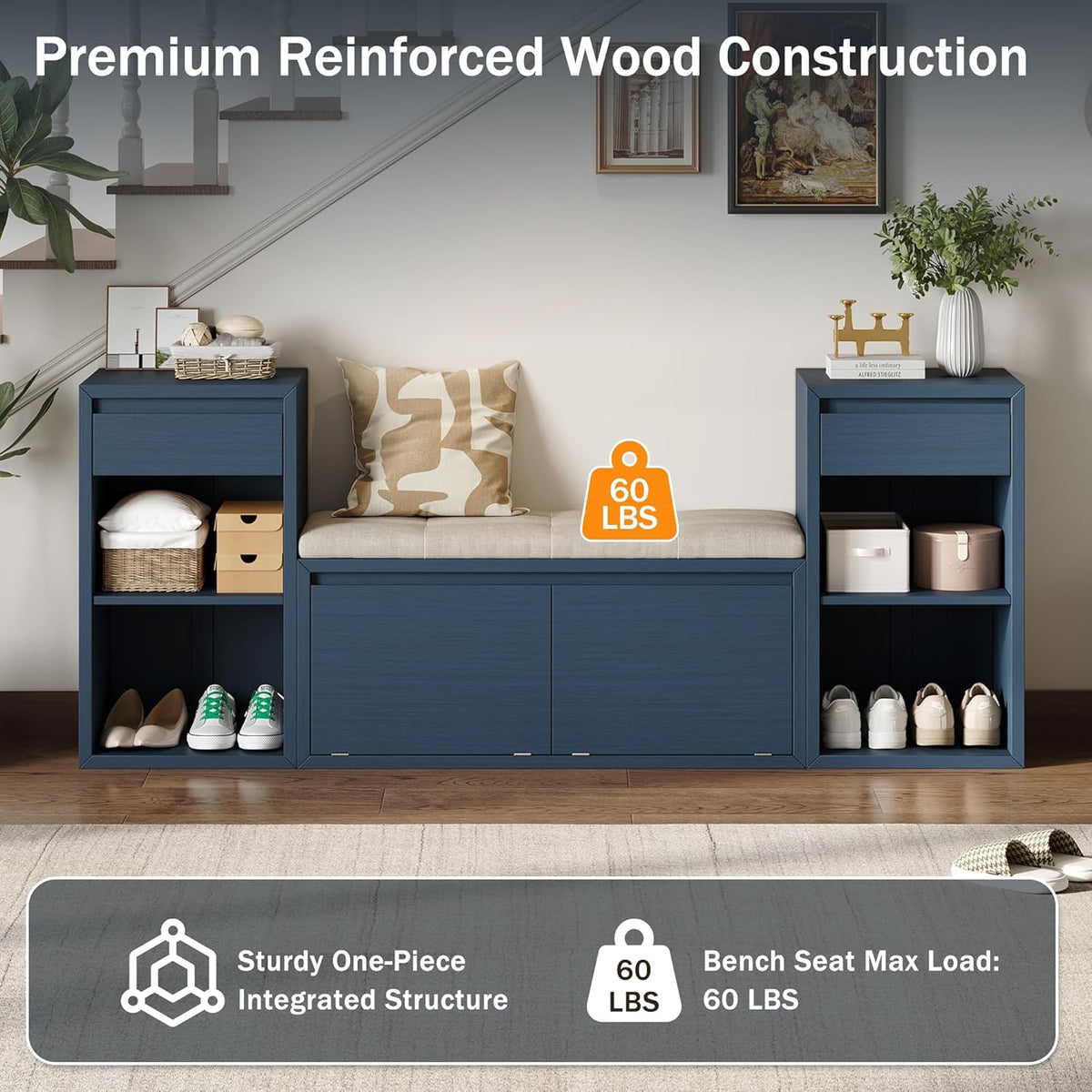 All in One Entryway Shoe Storage Bench with Cushion, Compartments, Drawers, Open Shelves for Hallway, Mudroom, Living Room Antique Navy