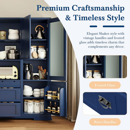 63.3" Traditional Freestanding Buffet Hutch with Storage Shelves & Organizer, Large Kitchen Pantry with Workstation (Blue17)