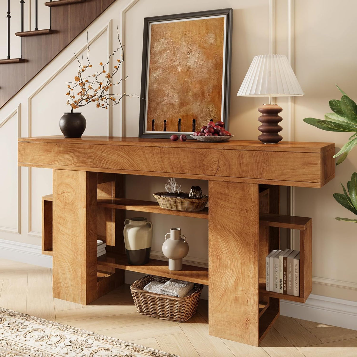 Einhomn 63 Inches Entryway Table, Wooden Console Table with Storage, Narrow Sofa Table Behind Couch, Farmhouse Long Entry Hallway Tables for Entrance, Foyer, Living Room, Natural Brown
