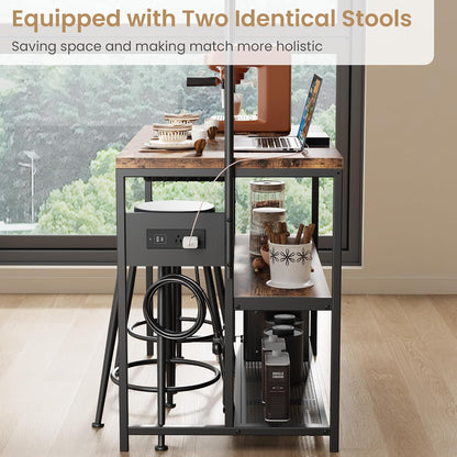Industrial Kitchen Island Dining Table with Power Outlet, Retro | Microwave Stand with Storage Shelves, 2 Bar Stools and 5 Hooks, Coffee Bar for Dining Room, Living Room