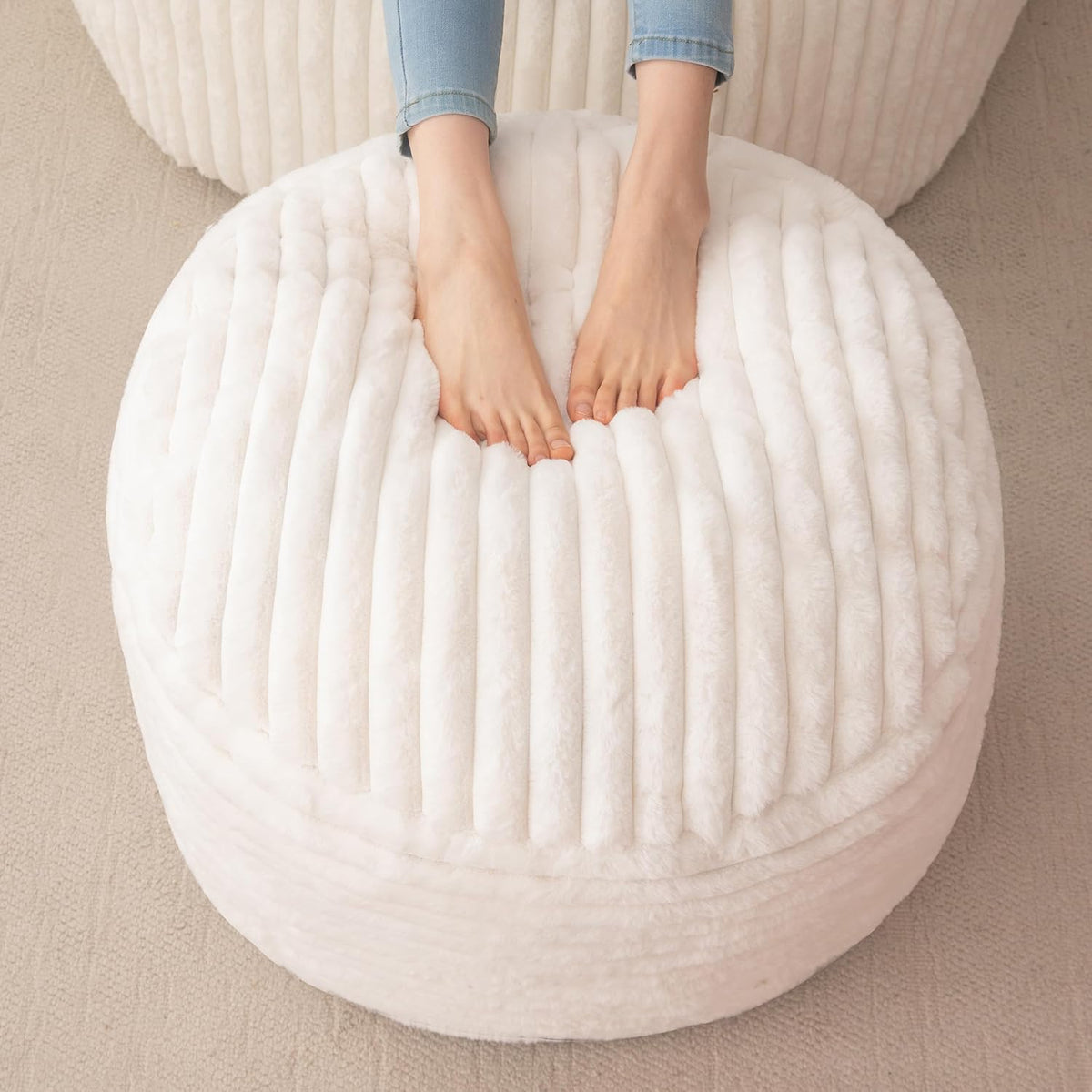 HIGOGOGO Round Stuffed Pouf Ottoman, Stripe Faux Fur Poufs with Foam Chunk Filling, Furry and Fluffy Pouf Foot Stool Storage Ottoman, 20 X 15 Floor Poufs Foot Rest for Living Room, Beige