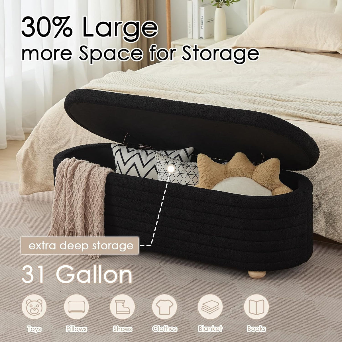 53" Storage Bench Teddy Ottoman Bench Upholstered Fabric Bench End of Bed Stool with Safety Hinge for Bedroom, Living Room, Entryway, Black