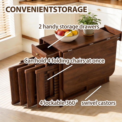 Small Drop Leaf Table - Folding Dining Table Set for 6 with 6 Foldable Chairs Inside, Fully Assembled Solid Wood Space-Saving Kitchen Table and Chairs Set with Storage & Lockable Wheels, Walnut, 59"