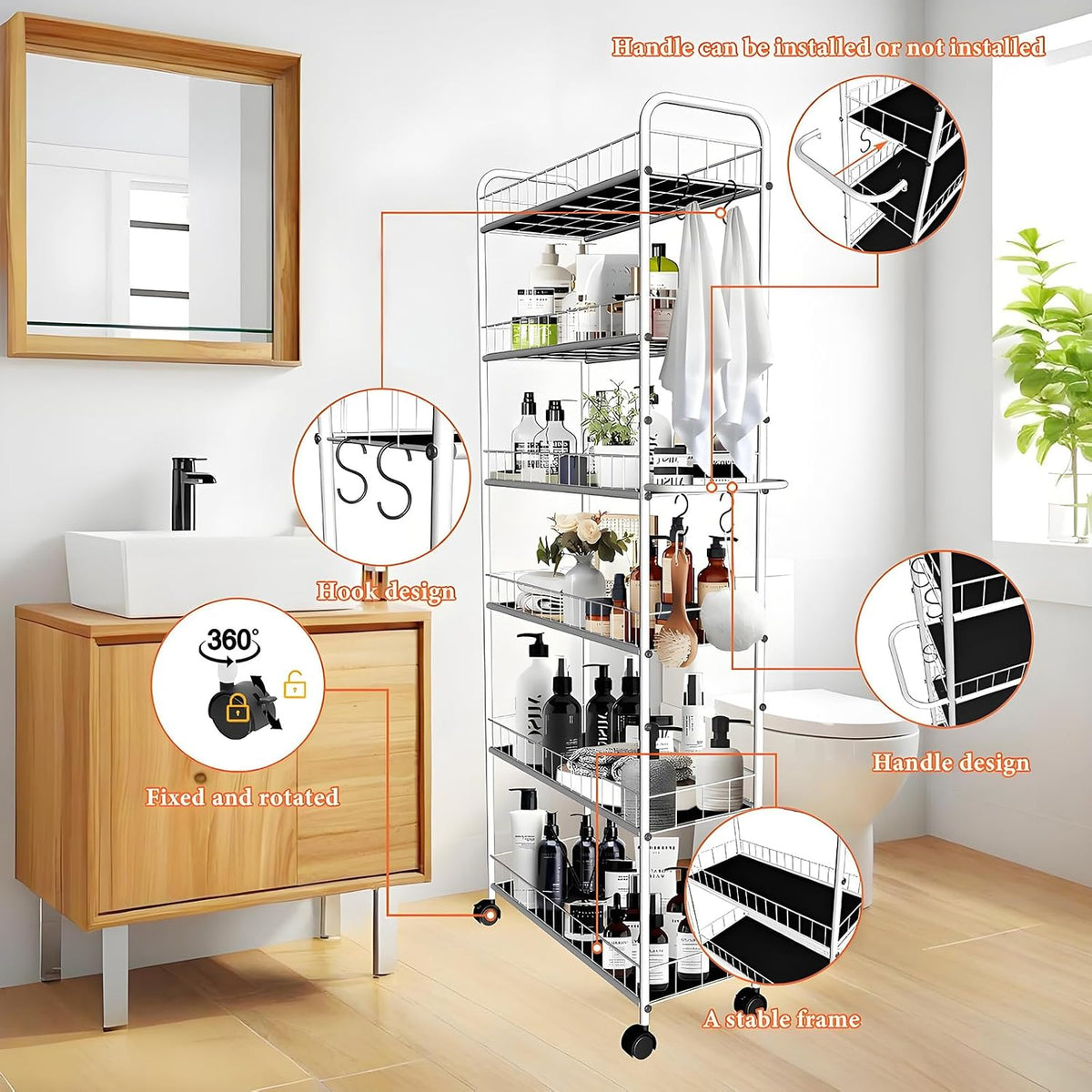 10in 6 Tier Slim Storage Cart with Wheels, Narrow Space Rolling Shelving Unit with Handle, Metal Wire Mobile Organizer Rack for Kitchen Bathroom Office Laundry