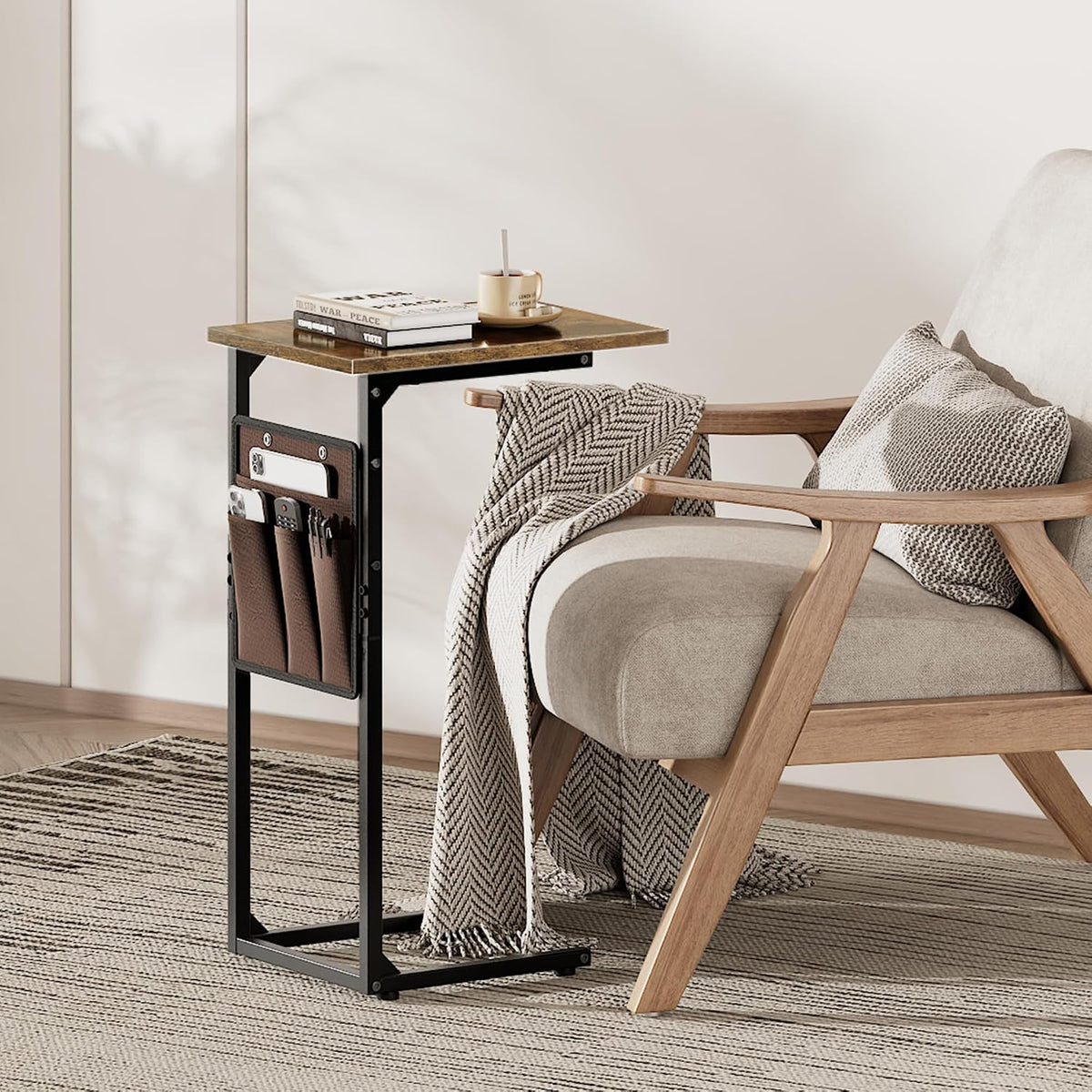 Vagusicc C Shaped End Table, Small Side Table for Couch, Tall Couch Side Table C Table for Small Space, TV Tray Slide Under Sofa Snack Table with Metal Frame for Living Room, Bedroom, Bedside, Brown