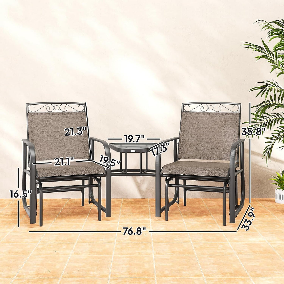 Outsunny Outdoor Glider Chairs with Coffee Table Patio 2-Seat Brown | Rocking Chair Swing, Breathable Sling, Backyard, Garden, Porch