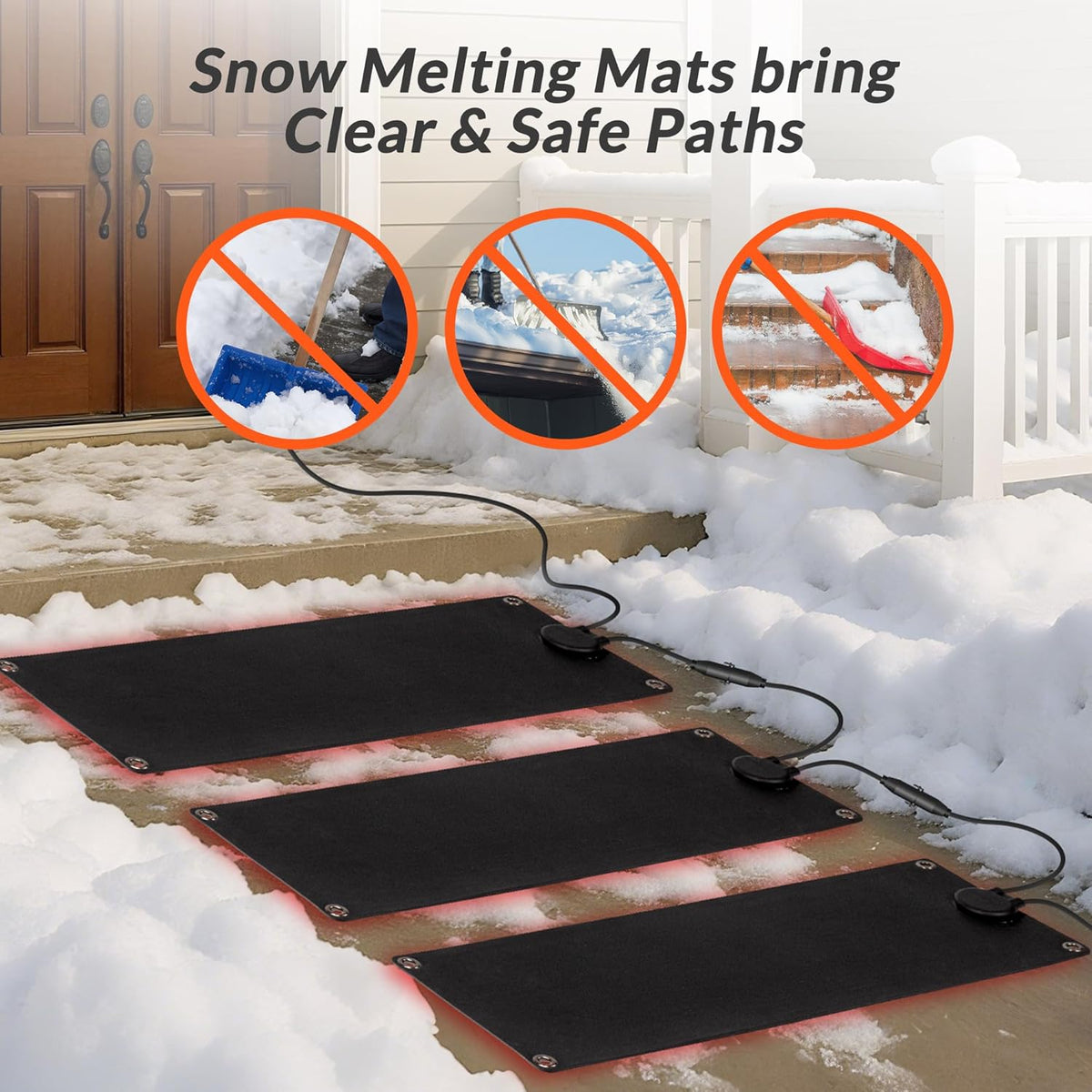 Walensee Snow Melting Mats Outdoor for Stairs, 10" x 30" 3-Pack Graphene Heated Outdoor Mats with Plug, No-Slip Rubber Snow Heating Mats, Ice Melts Pads Winter Sidewalks, Steps, Decks Snow Removal