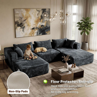 110 Modular Sectional Sofa with 2 Ottomans, Corduroy U-Shaped Modular Sectional Sofa, Convertible Cloud Couch with Deep Seats, No Assembly Required (Grey, 110" 3Seat+2 0ttoman)