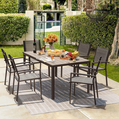 Homall Patio Dining Set 7 Pieces Outdoor Furniture with Large Table and 6 Textilene Chairs for Porch, Poolside, Yard and Garden, Light Grey