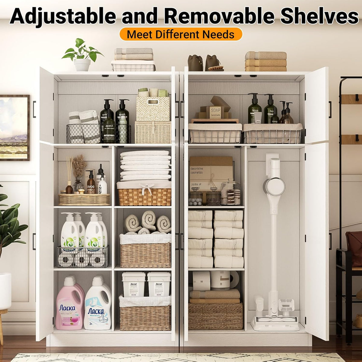 Unikito 71” Tall Kitchen Pantry Cabinet with Adjustable Shelves, 2 Pack | Large Farmhouse Storage Cabinets, Barn Doors, Sturdy and Deep, Versatile for Dinning Room, Living Room, Office, White