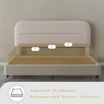 HOMBCK Queen Size Cloud Bed Frame, Cream Plush Boucle Upholstered Platform Bed, Adjustable Padded Headboard, Solid Wood Slat Support, Rounded Corners, Low‑Profile Design, No Box Spring Needed
