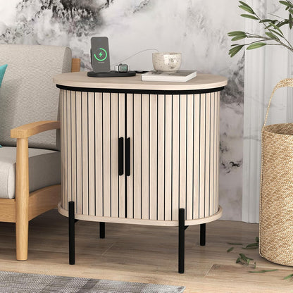 Bonzy Home Round Nightstand with Storage, Fluted Side Table with Charging Station, Mid Century Modern Bedside Table, End Table with Sliding Door for Living Room, Bedroom, Small Spaces, Oak