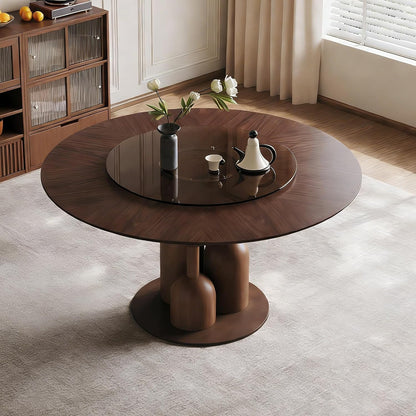 Montary 59-inch Natural Oak Wabi-Sabi Round Dining Table with 35-inch Tempered Glass Lazy Susan, Handcrafted Japanese Style Sculptural Solid Wood Dining Table for Living Room & Restaurant