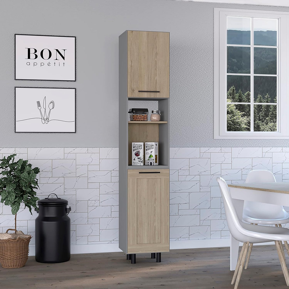 Hasselt Kitchen Pantry, Double Door, Six Shelves -Light Pine