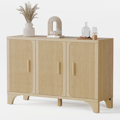 Mid Century Modern Fluted Buffet Cabinet with Storage, Accent Sideboard and Credenza Storage Cabinet with Doors, Wood Coffee Bar Console for Kitchen, Living Room (Oak, 47" 3-Door)