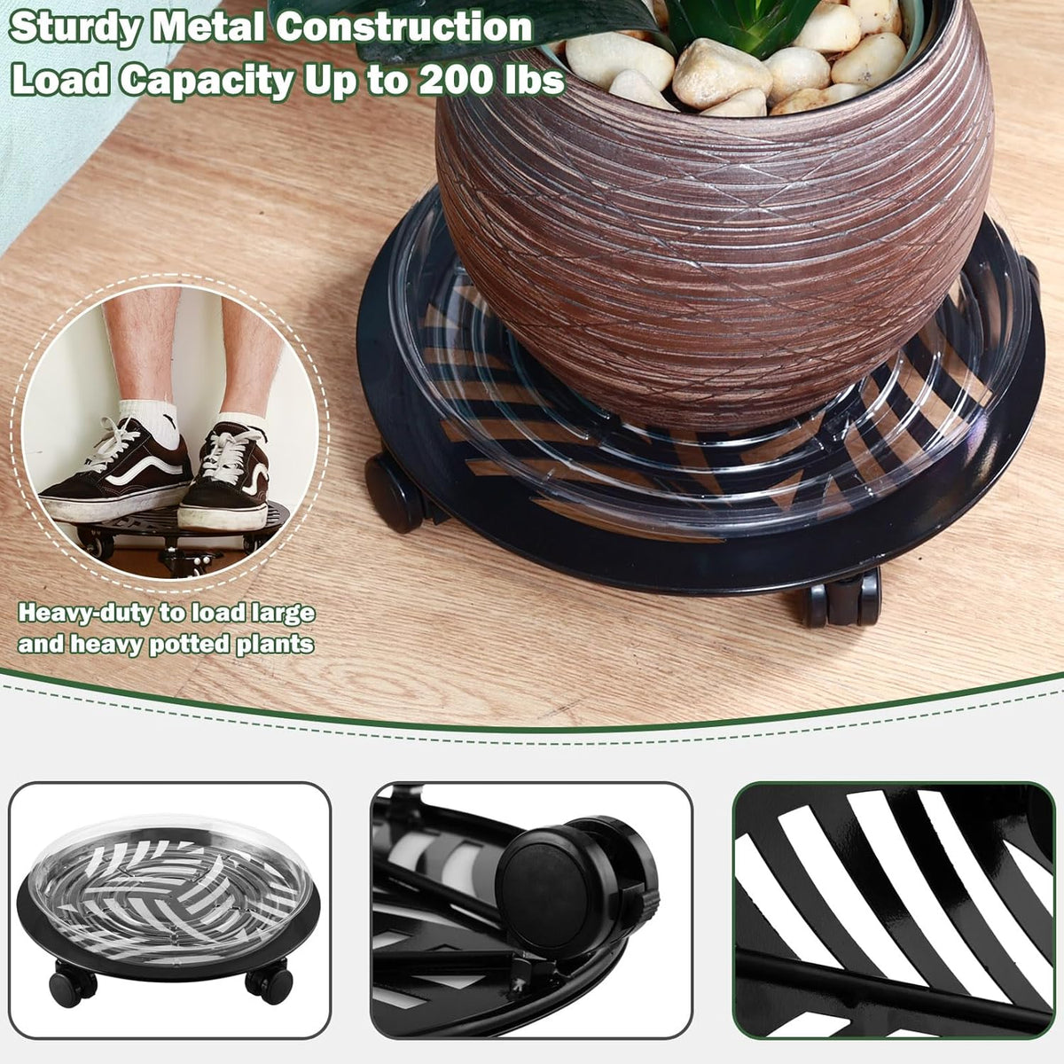 1 Packs Large Metal Plant Caddy with PU Wheels 13" Heavy-Duty Wrought Iron Rolling Plant Stands Indoor Outdoor Wheeled Plant Dolly Planter Mover Rollers Plant, Leaf Style