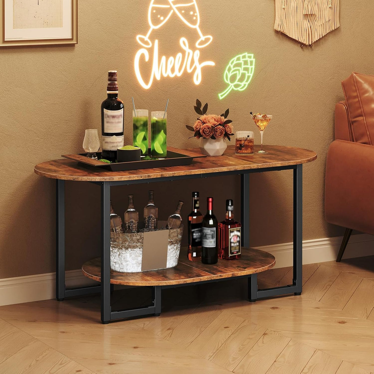 HOOBRO Coffee Table for Living Room, Oval Small Coffee Table with 2-Tier Open Storage Shelf, Industrial Cocktail Tea Table, Wooden Desktop Center Table, Farmhouse, Home Office, Rustic Brown BF09KF01