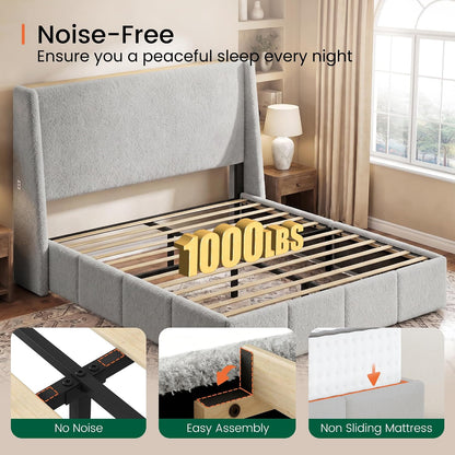 LARMACE Queen Size Bed Frame 54.2" Extra Tall Wingback Headboard, Lambswool Upholstered Platform Bed with Legs Featuring Built-in Charging Ports, Wood Slats, No Box Spring Needed,Light Grey