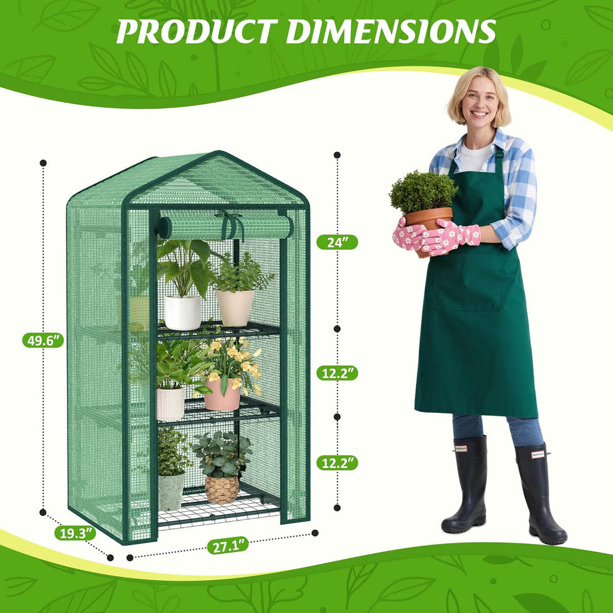 3-Tier Greenhouse for Indoor and Outdoor Use, 4ft Tall Portable Mini Green House with Shelves, Zipper Door & PE Cover, for Seed Starting, Plants, Herbs, Balcony, Patio Gardening