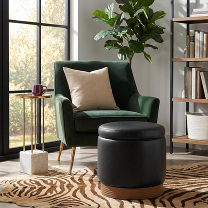 19" Round Swivel Storage Ottoman with Tray Top, Upholstered Faux Leather Foot Stool with Solid Acacia Wood Base 500 lbs Modern Accent Footrest for Living Room & Bedroom Fully Assembled Black