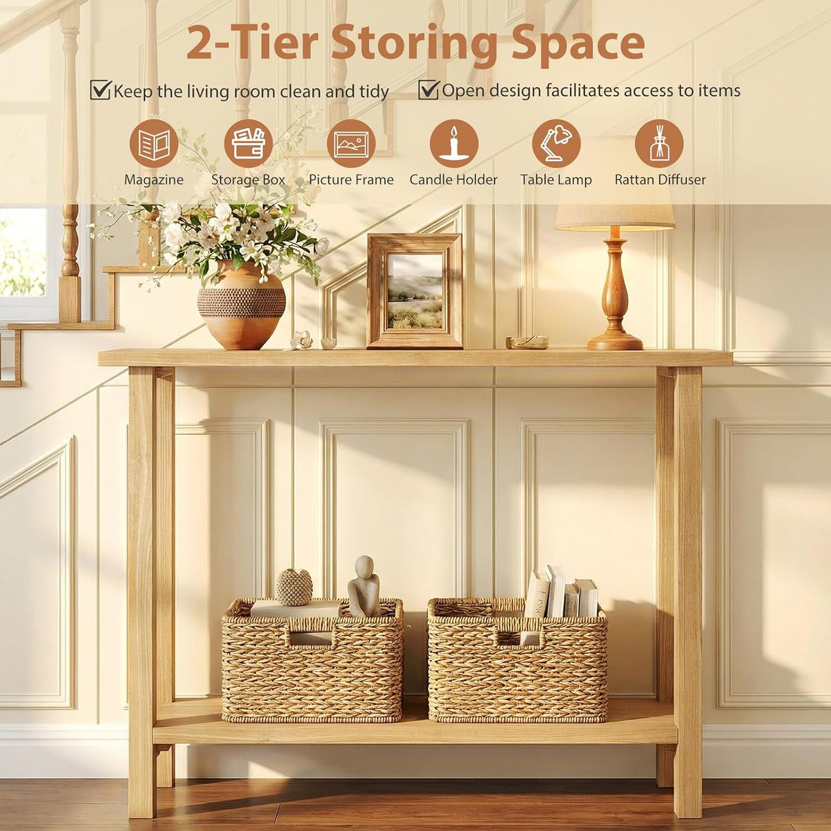 GIANTEX 47" Solid Wood Console Table, 2-Tier Narrow Entryway Table | Rustic Foyer Table w/ Teak Wood Frame and Storage Shelf, Farmhouse Sofa Table Behind Couch for Living Room (47" x 12" x 32")