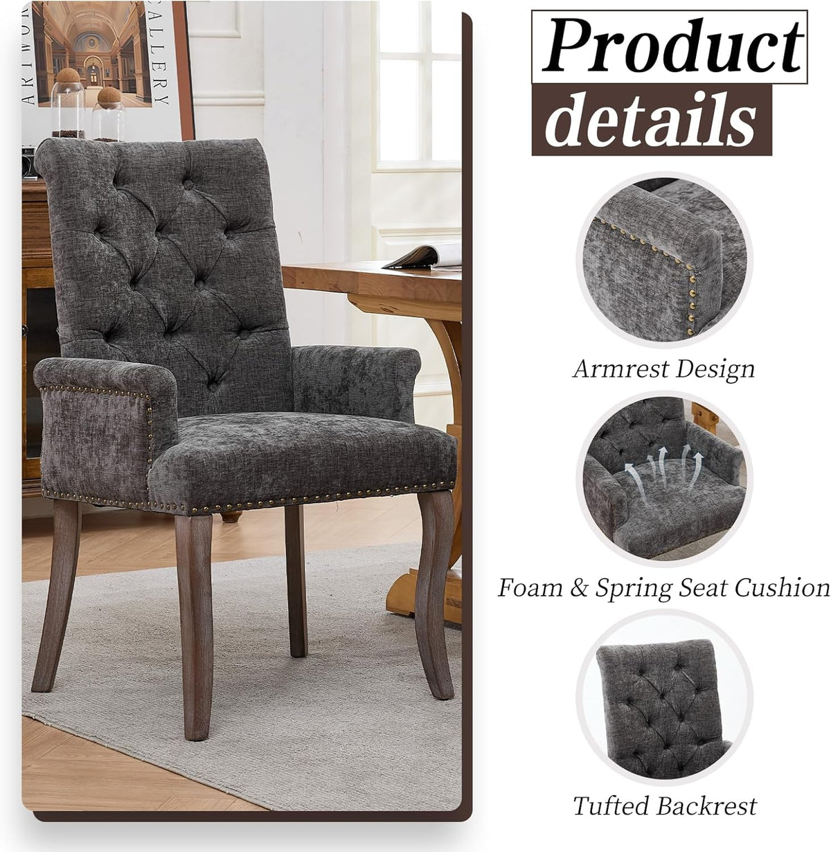 Shenyon Grey Single Dining Chair with Arms, Chenille Upholstered Dining Room Chairs with Tufted Back and Solid Wood Legs, Accent Armchair for Dining Room, Kitchen,Living Room, Grey