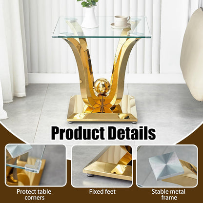 New Gold Glass Side Table, Luxury End Table with Mirror Finish Stainless Steel Base and Tempered Glass Top, Square Side Table for Living Room, Bedroom,Office