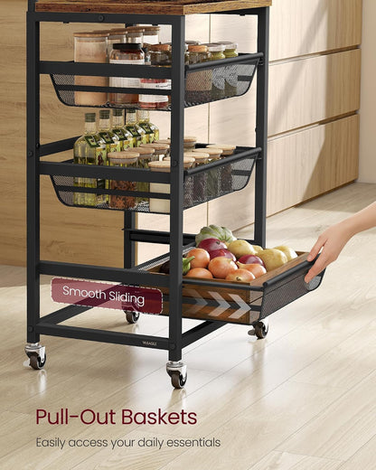 VASAGLE 4-Tier Storage Rolling Cart Organizer with Pull-Out Baskets | Utility Cart with Wheels, Handle, 12.5 x 15.8 x 29.9 Inches, Rustic Brown and Matte Black, DACEY Collection ULRC040K01